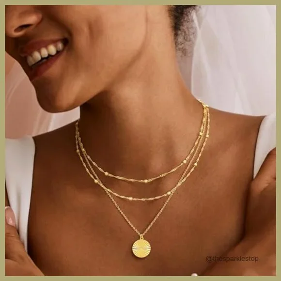 14K Gold Plated Layered Choker Necklace with Pearl Beads and Disc Pendant - Picture 3 of 7
